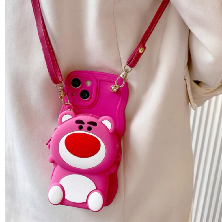 น่ารักสตรอเบอร์รี่หมีกระเป๋าบัตรพร้อมสตริงเคสโทรศัพท์สําหรับIphone 17 16 15proamx 15 Pro 15 14promax 14 13 Pro Max 12 Pro Max 11 Pro Max xs Max xr x 7 8 Plusเคสโทรศัพท์แบบนุ่ม