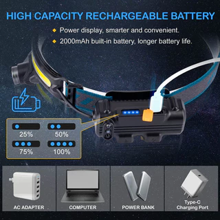 ไฟฉายคาดศีรษะ XPG+COB LED ซูมได้ พร้อมแบตเตอรี่ในตัว กันน้ํา ชาร์จ USB 6 โหมด