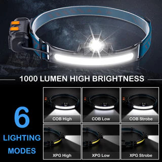 ไฟฉายคาดศีรษะ XPG+COB LED ซูมได้ พร้อมแบตเตอรี่ในตัว กันน้ํา ชาร์จ USB 6 โหมด