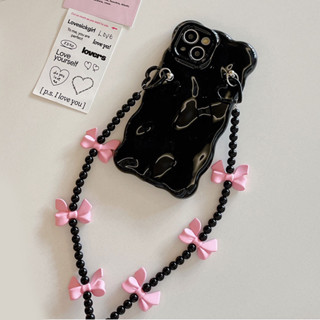 เคสโทรศัพท์มือถือ TPU นิ่ม กันกระแทก ลายคลื่นสีดํา พร้อมสายคล้อง สําหรับ iPhone 13 Pro Max 11 12 13 14 Pro Max 14promax