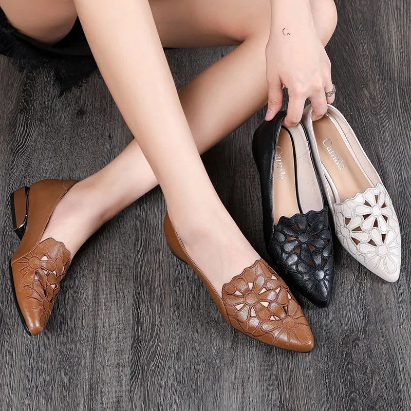 Plus Size42 แฟชั่นผู้หญิง Pointed Toe หนังนุ่ม Hollow เย็บปักถักร้อยรองเท้าเดียวรองเท้าทํางานรองเท้าไม่มีส้น