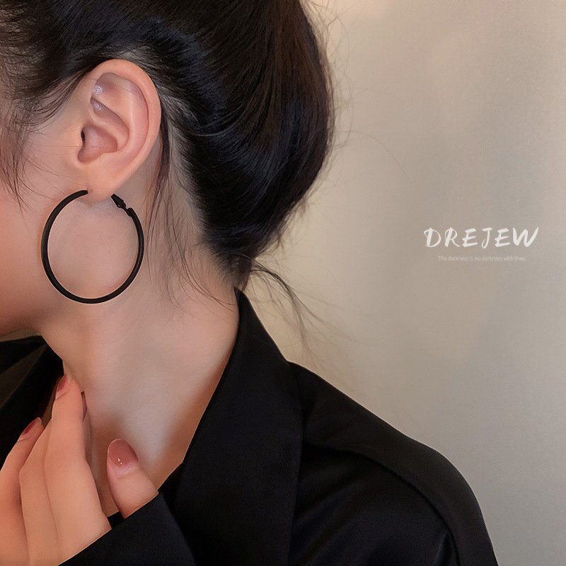 DREJEW ต่างหูห่วง เข็มเงิน 925 ทรงเรขาคณิต สีดํา สไตล์ยุโรป อเมริกัน เรียบง่าย ระดับไฮเอนด์ สําหรับผู้หญิง