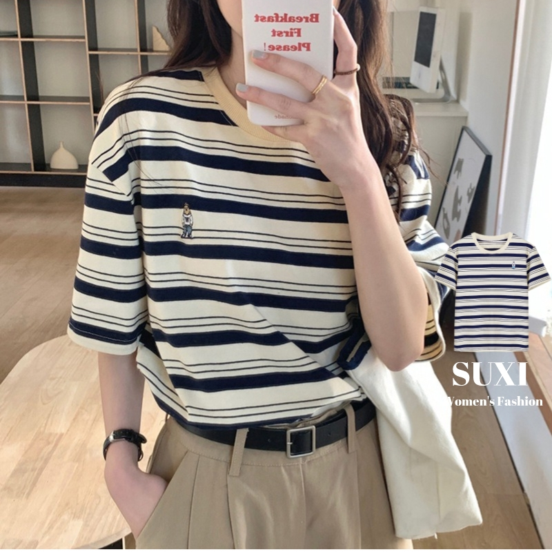 Suxi เสื้อยืดแขนสั้นลําลอง คอกลม ผ้าฝ้าย ทรงหลวม ลายทาง แบบเรียบง่าย แฟชั่นฤดูร้อน