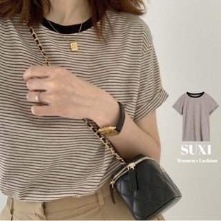 Suxi เสื้อยืดลําลอง คอกลม แขนสั้น ผ้าฝ้าย ลายทาง สไตล์วินเทจ สําหรับสตรี