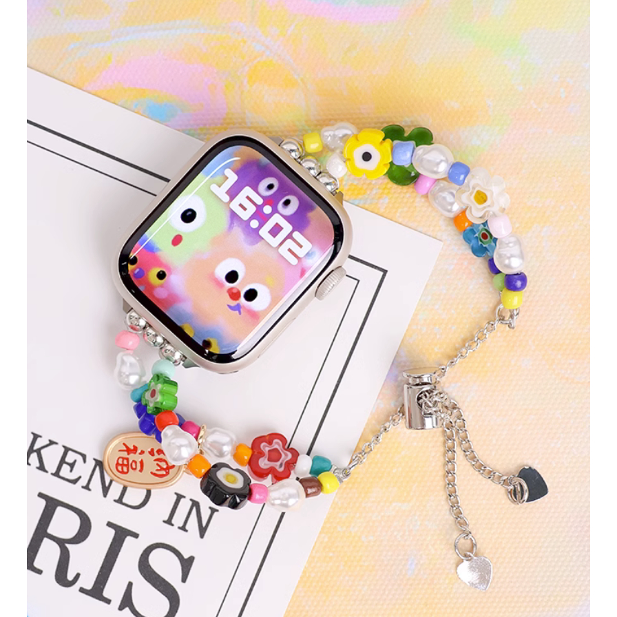 ใหม่ สายนาฬิกาข้อมือ ประดับลูกปัดโดพามีน ลายดอกไม้ หลากสี ปรับได้ แบบเปลี่ยน สําหรับ Watch Series10 9 8 7 6 5 4 3 2 1 SE SE2 Ultra Strap Size 38 40 มม. 41 มม. 42 มม. 44 มม. 45 มม. สาย i watch Strap