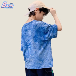 Bxpb ใหม่ เสื้อยืดลําลอง ผ้าฝ้าย แขนสั้น ทรงหลวม ใส่สบาย ระบายอากาศ สีมัดย้อม แฟชั่นฤดูร้อน สําหรับเด็กผู้ชาย 100-170 ซม.