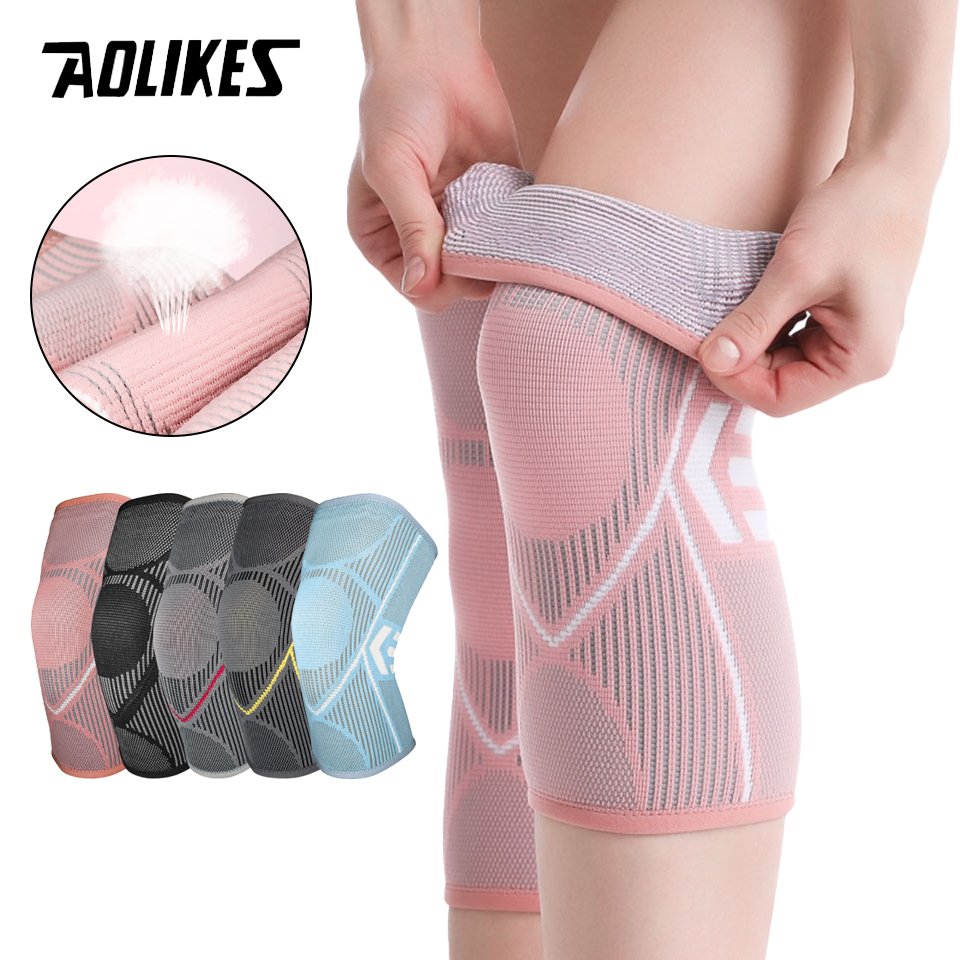 Aolikes 1 ชิ้น ถัก ไนลอน แผ่นรองเข่า ผู้หญิง ผู้ชาย วิ่ง บาสเก็ตบอล โยคะ ซิลิโคน ป้องกันการลื่นไถล ป้องกันเข่า ระบายอากาศ ยืดหยุ่น แผ่นรองเข่า