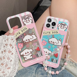 เคสโทรศัพท์มือถือ PC แบบแข็ง ลายการ์ตูนลูกสุนัขน่ารัก สีชมพู พร้อมสายโซ่ลูกปัด สําหรับ iPhone 14Pro max case 13Pro max 12Pro max 14Pro 13Pro 12Pro 11 12 13 14