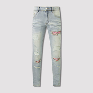 Amiri แฟชั่นใหม่ผู้ชายสีฟ้าอ่อน Pierced Patch Street Trend Hip Hop ยืดกางเกงยีนส์ผอมบาง