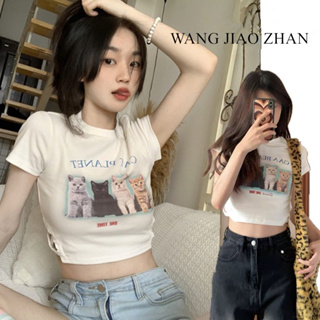 WANG JIAO ZHAN เสื้อครอปแขนสั้นทรงเข้ารูปพิมพ์ลายการ์ตูนแฟชั่นผู้หญิง