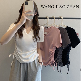 WANG JIAO ZHAN เสื้อยืดคอวีแขนสั้นผู้หญิงสีทึบแฟชั่นอเนกประสงค์พร้อมเชือกผูก