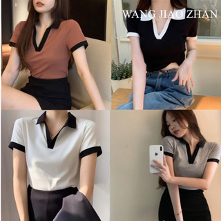 WANG JIAO ZHAN เสื้อโปโลแขนสั้นทรงหลวมลำลองสำหรับผู้หญิง,เนื้อผ้านุ่มสบาย