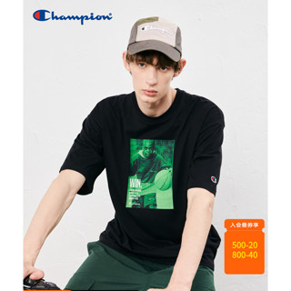 Champion เสื้อยืดลําลอง ผ้าฝ้ายแท้ แขนสั้น คอกลม พิมพ์ลาย สีดํา แฟชั่นสําหรับผู้ชาย