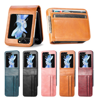 เคสหนัง PC ฝาพับ พร้อมช่องใส่บัตร สําหรับ Samsung Galaxy Z Flip 5 Flip4 Flip3 Flip2