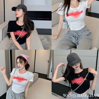 WANG JIAO ZHAN ใหม่ เสื้อยืดแฟชั่น แขนสั้น ทรงสลิมฟิต พิมพ์ลายตัวอักษร