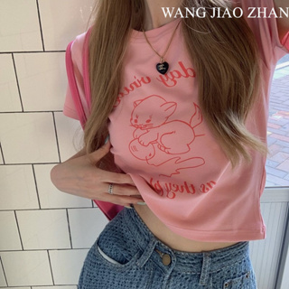 WANG JIAO ZHAN เสื้อยืดแขนสั้นพิมพ์ลายการ์ตูนแฟชั่น