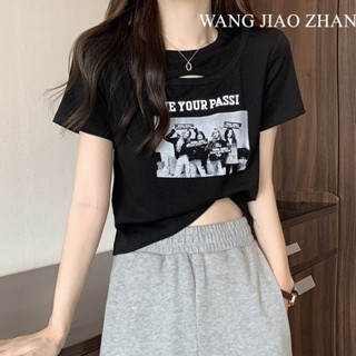 WANG JIAO ZHAN ใหม่ เสื้อยืดครอป คอกลม แขนสั้น พิมพ์ลาย สไตล์วินเทจ