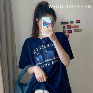 WANG JIAO ZHAN เสื้อยืดแขนสั้น พิมพ์ลายการ์ตูน ทรงหลวม สไตล์เกาหลี