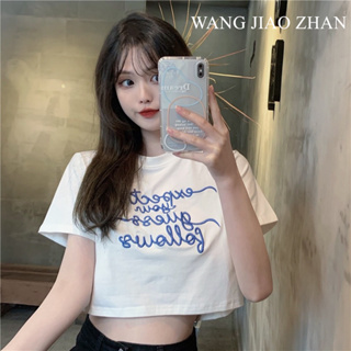 WANG JIAO ZHAN เสื้อยืดแขนสั้น เอวสูง ปักลาย สไตล์เกาหลี สําหรับผู้หญิง