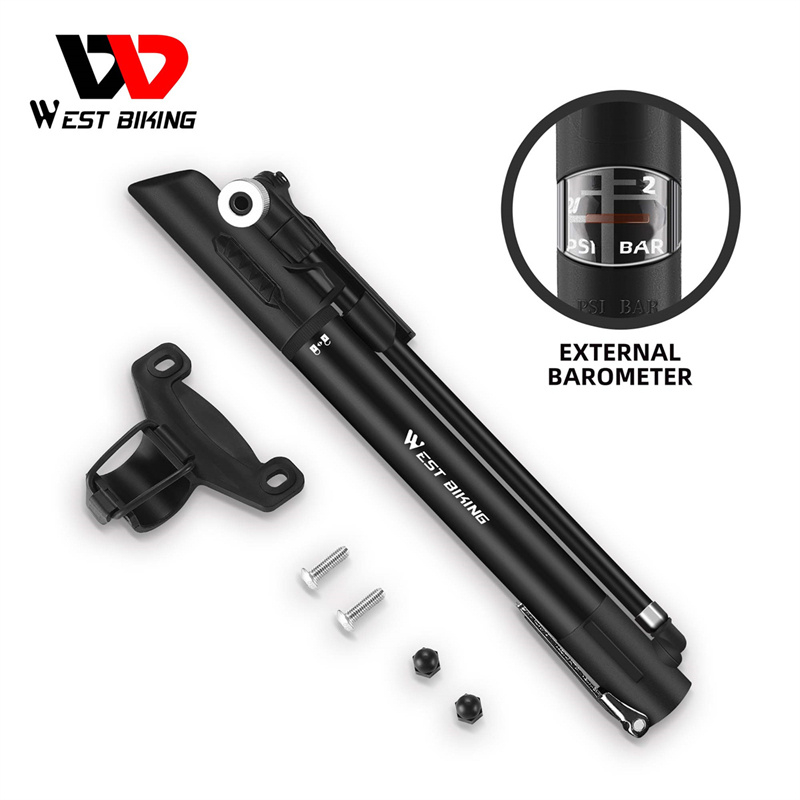 WEST BIKING 120PSI เครื่องปั๊มลมจักรยาน แรงดันสูง พร้อมบารอมิเตอร์ แบบพกพา