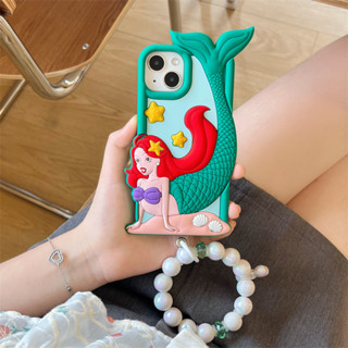 เคสโทรศัพท์มือถือ ยางซิลิโคนนิ่ม ลายการ์ตูนนางเงือก พร้อมสายคล้องมือ สําหรับ Iphone 14 13 12 11 Pro Max