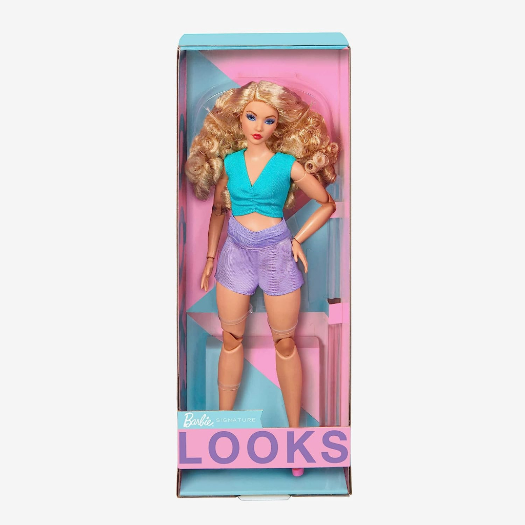 Barbie Looks Doll with Curly Blonde Hair Dressed in Ruched Crop Top &amp; Satiny Lavender Shorts, Posable Made to Move Body HJW83 เสื้อครอปท็อป และกางเกงขาสั้น ผ้าซาติน สีบลอนด์ สําหรับตุ๊กตาบาร์บี้ HJW83