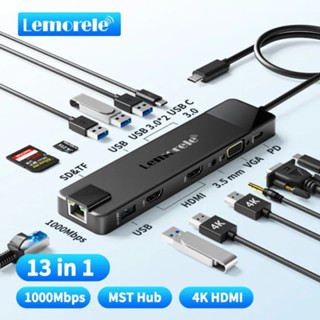 Lemorele USB C ฮับ 13-in-1 USB C อะแดปเตอร์จอแสดงผลคู่พร้อม Dual HDMI 1*VGA 4K Gigabit Ethernet 4 USB-A USB C Data 100W PD SD/TF 3.5 มม.