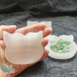 Selenite Bowl from Moroccan - ชามคริสตัล รูปแมว ขนาดเล็ก แบบพกพา 2.6 นิ้ว สําหรับชาร์จ ทําความสะอาด