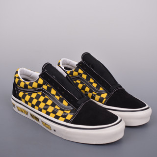 Vans Old Skool Checkerboard ปลอกคอ พิมพ์ลายตารางหมากรุก สีดํา และสีเหลือง สไตล์คลาสสิก