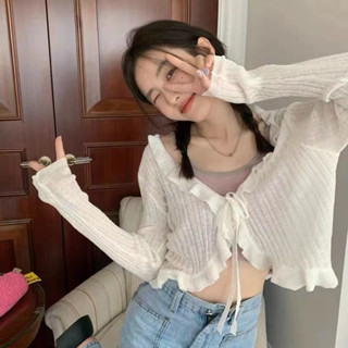 Xiaozhainv เสื้อคาร์ดิแกนแขนยาว ผ้าถัก กันแดด แต่งหูไม้ แบบบาง ออกแบบดี แฟชั่นฤดูร้อน สําหรับผู้หญิง