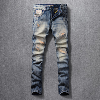 Fashion Trendy Men Jeans High Quality Retro Washed Blue Slim Fit Ripped Jeans Homme Embroidery Patched Designer Vintage Denim Pants Hombre