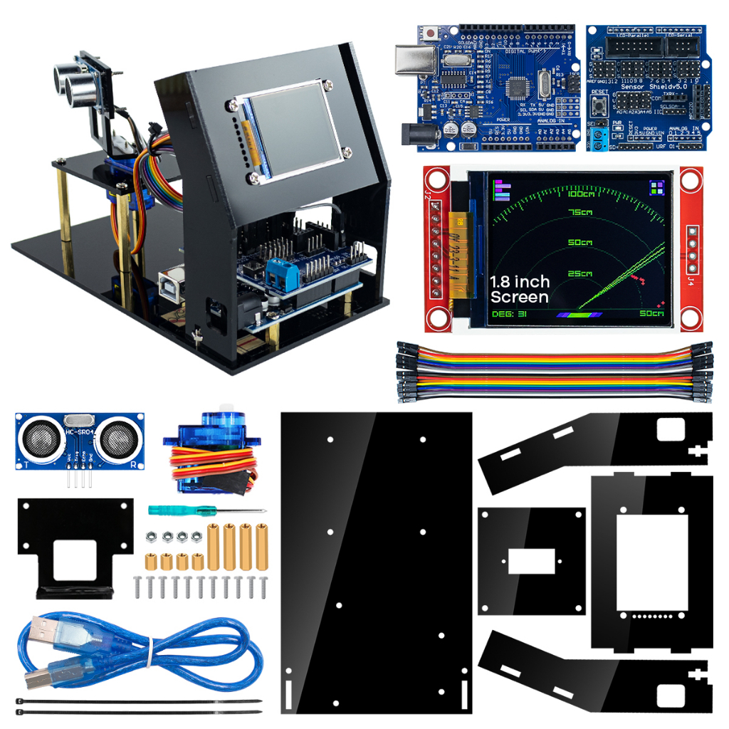 Lafvin ชุดหุ่นยนต์เซนเซอร์อัลตราโซนิก เรดาร์จําลอง DIY สําหรับ Arduino พร้อมหน้าจอ UNO R3 1.8 นิ้ว T