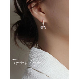 Th Full Girly Feeling~ ต่างหูเงินสเตอร์ลิง 925 ประดับโบว์น่ารัก สามมิติ เรียบง่าย สไตล์เกาหลี สําหรับผู้หญิง