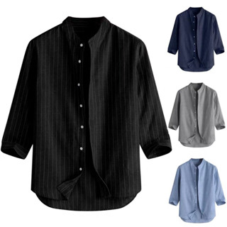 เสื้อเชิ้ตแขน 3/4 ลําลอง คอปก ทรงหลวม ลายทาง สําหรับผู้ชาย