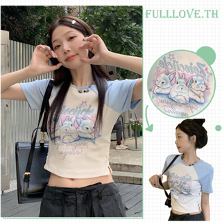 Fulllove crop top เสื้อยืดลําลอง แขนสั้น พิมพ์ลาย Abstract ทรงหลวม แฟชั่นสําหรับสตรี y2k