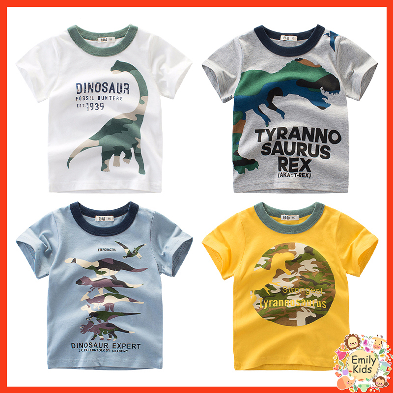 พร้อมส่ง เสื้อยืดแขนสั้น คอกลม ผ้าฝ้าย พิมพ์ลายไดโนเสาร์ แฟชั่นฤดูร้อน สําหรับเด็กผู้ชาย