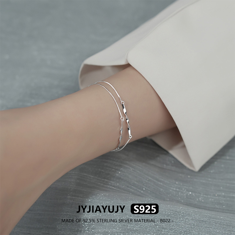 JYJIAYUJY 100% ทั้งเงินสเตอร์ลิง S925 สร้อยข้อมือกล่องโซ่โค้ง Silver Bar Double Layered Design คุณภา