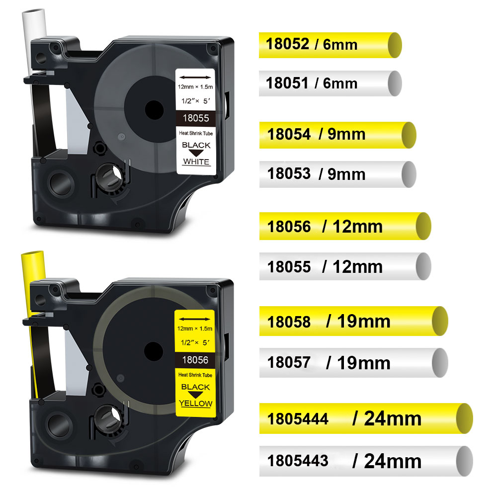 ท่อหดความร้อน 6 9 12 19 24 มม. 18053 18054 18055 เข้ากันได้กับ DYMO D1 18051 18052 18056 18057 18054