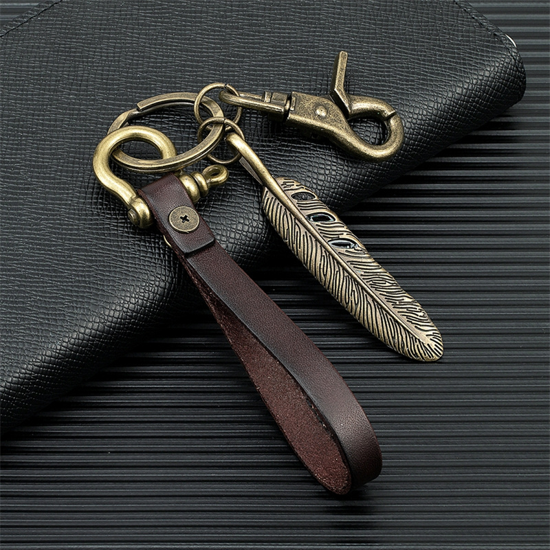 Mkendn พวงกุญแจหนังแฮนด์เมดทองเหลือง D-Shape Shackle Creative DIY Feather พวงกุญแจผู้ถือกุญแจรถสําหรับผู้ชายเครื่องประดับ