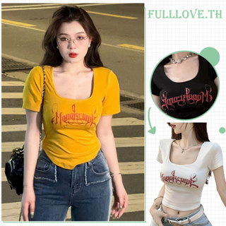 Fulllove เสื้อครอป ครึ่งตัว คอเหลี่ยม ผ้าเรยอน ใส่สบาย มี3สี y2k crop top