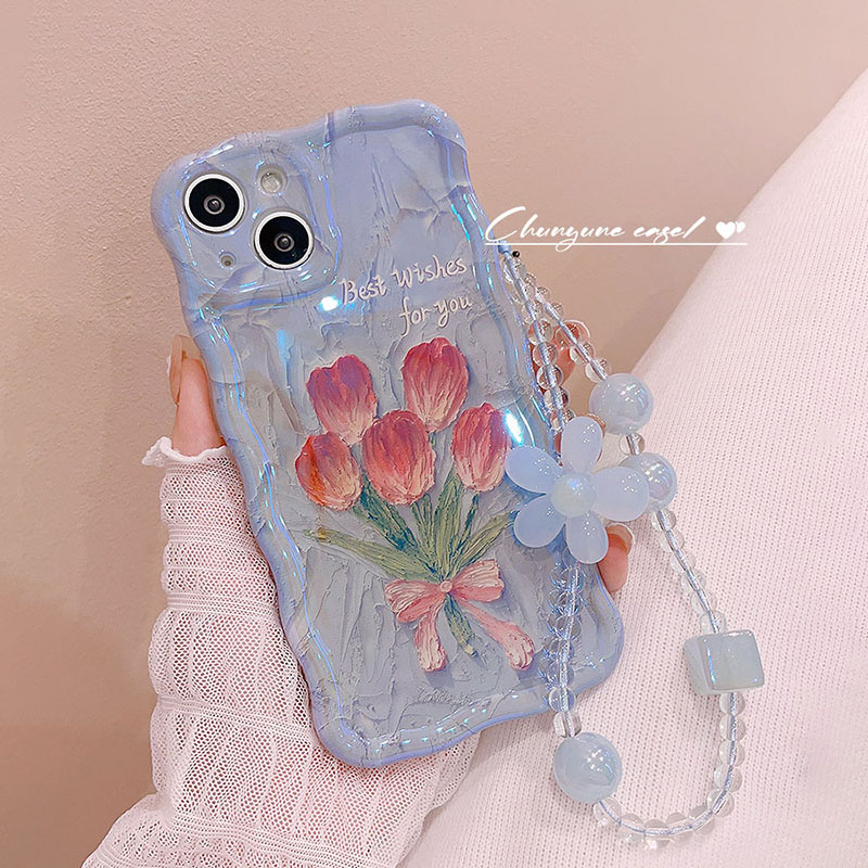 เคสโทรศัพท์มือถือนิ่ม กันกระแทก กรอบหยัก ลายภาพวาดสีน้ํามัน รูปดอกทิวลิป สีฟ้าอ่อน พร้อมสายคล้องไข่มุก สําหรับ iPhone 14 Pro Max 11 12 13 Pro Max 13pro