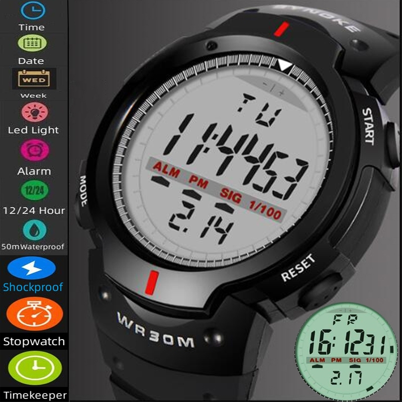 Synoke Mens Digital Sport Watch 3 ATM กันน้ํากันกระแทกนาฬิกาข้อมือ Led แม่บ้านนาฬิกาปลุกชาย