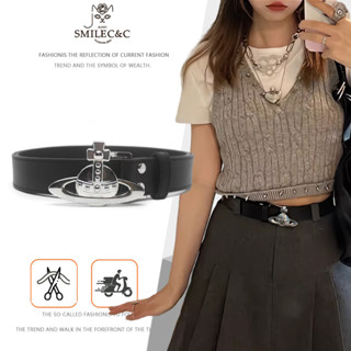 SmileFairyCC【COD &amp; พร้อมส่ง】Vivienne Westwood Palladium Orb-buckle เข็มขัดหนังเทียม สีลูกกวาด ✨Embellished เข็มขัดหนัง สีเงิน สําหรับผู้หญิง ผู้ชาย
