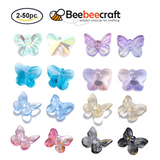 Beebeecraft จี้แก้วใส รูปผีเสื้อ กลิตเตอร์ สีชมพู ขนาด 9.5x11x3 มม. รูขนาด 0.8 มม. สําหรับทําเครื่องประดับ 2-50 ชิ้น