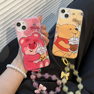 เคสโทรศัพท์มือถือ ลายการ์ตูนดิสนีย์ หมีพูห์ สีเหลือง พร้อมสายโซ่ลูกปัด สําหรับ iPhone 14Pro max case 13Pro max 12Pro max 14Pro 13Pro 12Pro 11 12 13 14 case