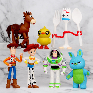 โมเดลฟิกเกอร์ Toy Story 4 Sheriff Woody Buzz Lightyear Jessie Forky Ducky Bunny Bullseye Q Version PVC ขนาด 4-7 ซม. ของเล่นสําหรับเด็ก 7 ชิ้น ต่อชุด
