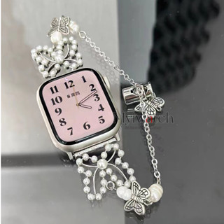 สายนาฬิกาข้อมือแฟชั่น ประดับไข่มุก ลายผีเสื้อ สําหรับ iWatch Series 8 7 6 SE 5 4 3 2 1 iWatch Band 49 มม. 41 มม. 45 มม. 40 มม. 44 มม. 38 มม. 42 มม.
