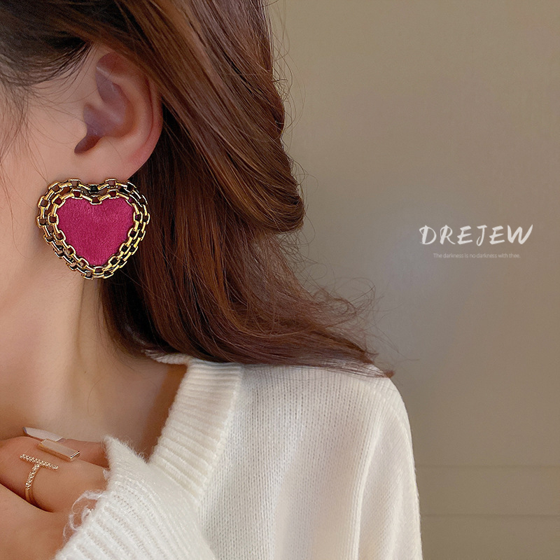 DREJEW ต่างหูเข็มเงิน รูปหัวใจ เรขาคณิต สีชมพู เข้ากับทุกการแต่งกาย แฟชั่นฤดูใบไม้ร่วง และฤดูหนาว