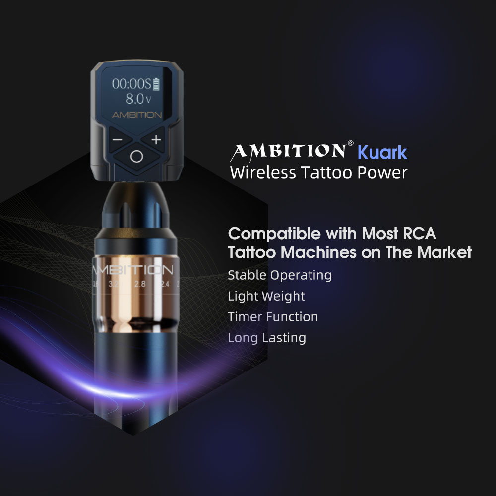 Ambition Kuark แบตเตอรี่ไร้สายสำหรับเครื่องสัก ｜ ความจุจริง 2400mAh ｜ อินเตอร์เฟซ RCA ｜ ใช้ได้กับปากกาเครื่องสัก RCA และเครื่องสักมอเตอร์ ｜ ตัวเลือกที่ช่างสักมืออาชีพไว้วางใ