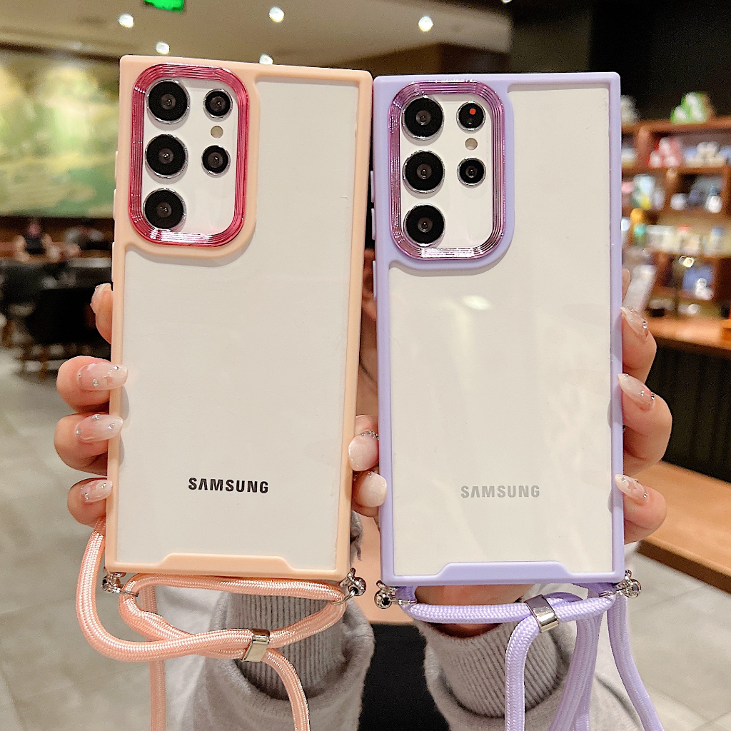 เคสอะคริลิคใส ทรงกลม พร้อมสายคล้อง สําหรับ Samsung Galaxy S24 S23 S22 Ultra S23 Plus S20 S21 S23 FE A55